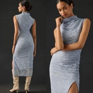 Anthropologie Maya Ruched Cowl Neck Lace Dress Baby Blue, NWT, XS